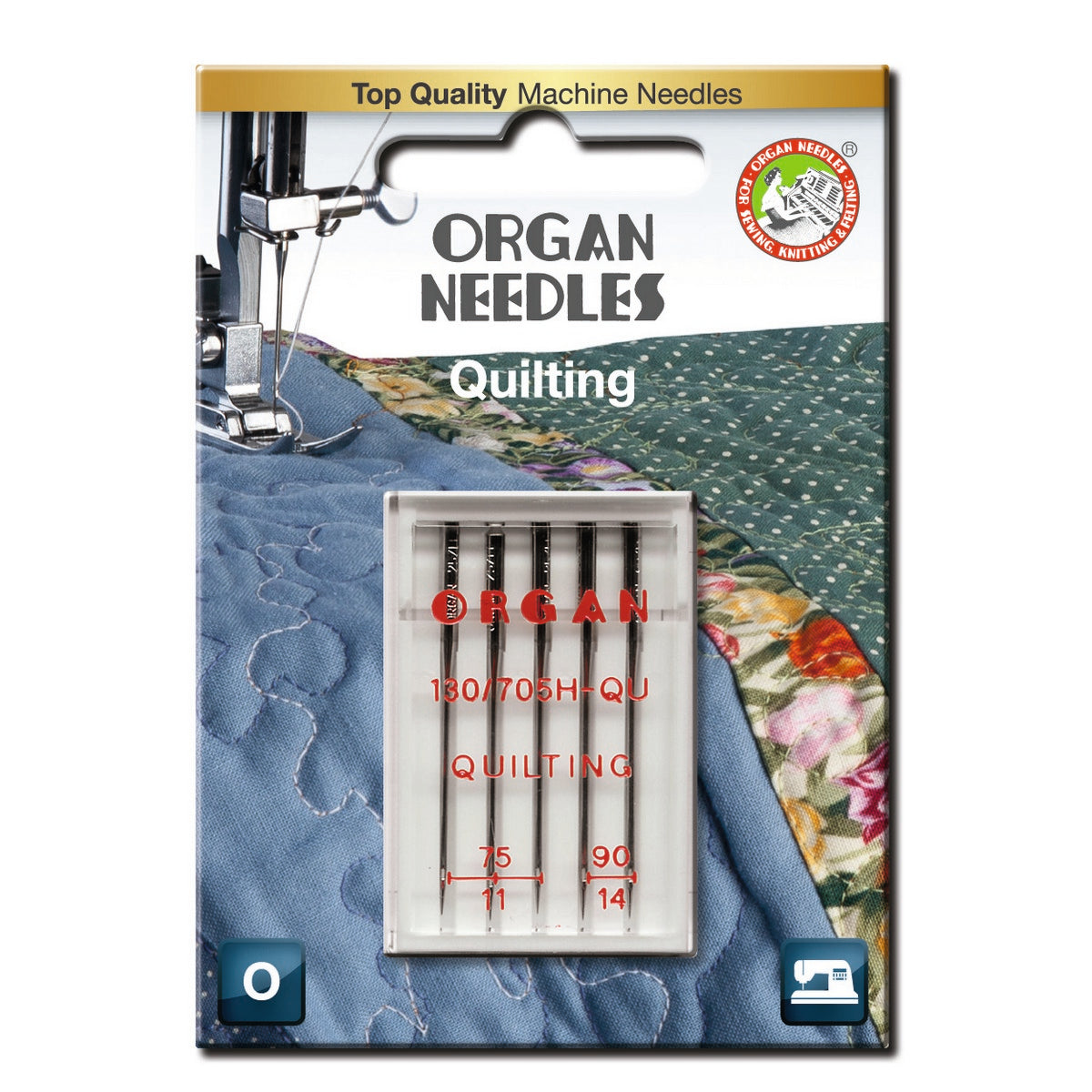 Organ Quilting Nadeln Stärke 75/90 – Set mit zwei Nadeln für Quilten und dicke Stoffe, Blisterverpackung, passend für Haushaltsnähmaschine